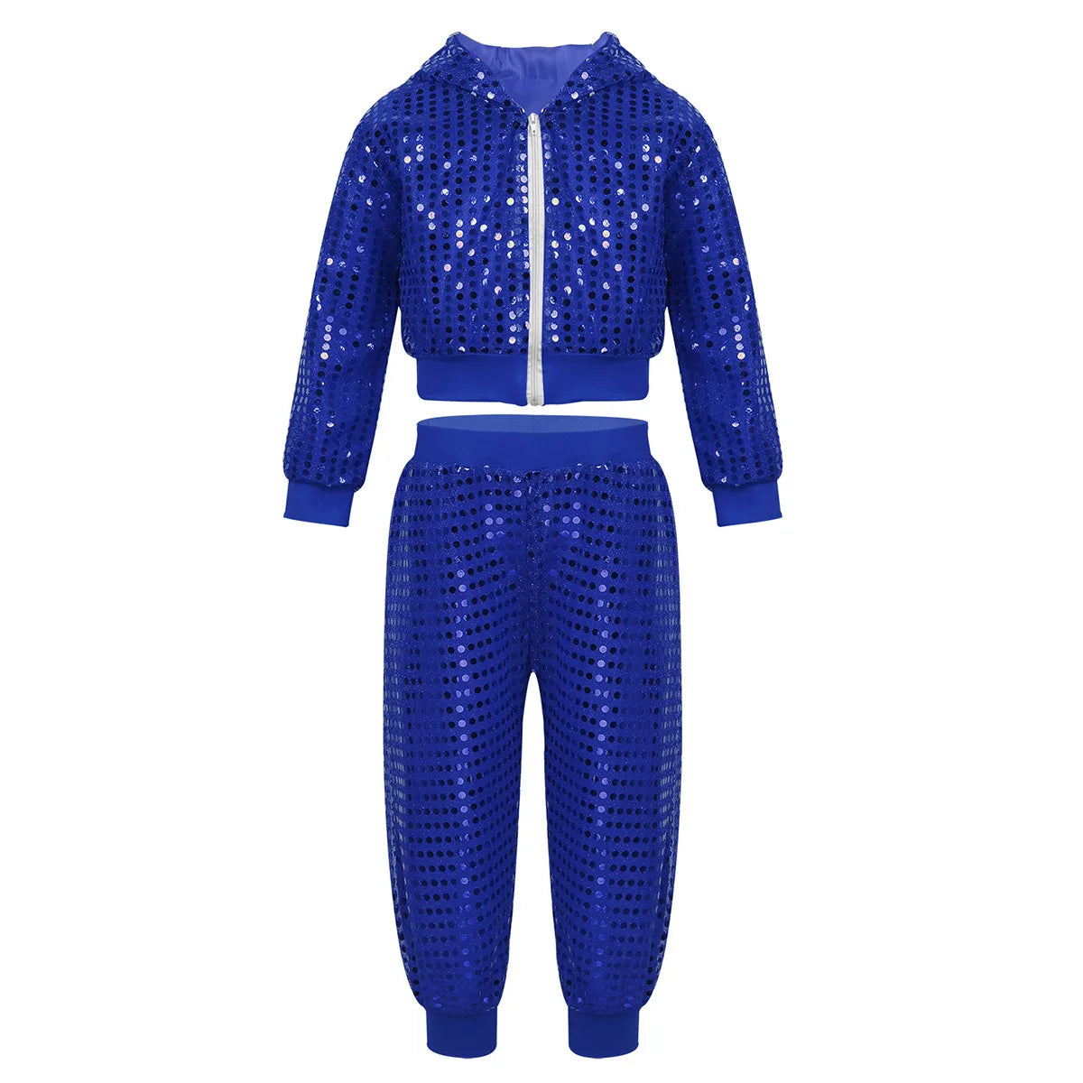 Girls Boys Hip Hop Jazz Performance Costume Street Dance Outfits Shiny Sequins Jacket Coat Hooded Tops Pants Unisex Kids Suits