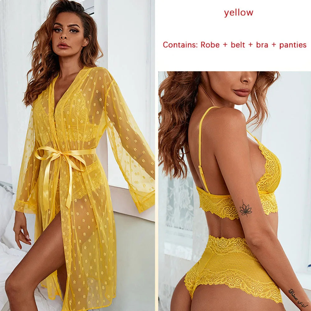 Women's Sexy Sheer Lace Robe+Lace Bra+Panty Lingerie Set See Through Kimono Lingerie Dress Lace Gown Sleepwear