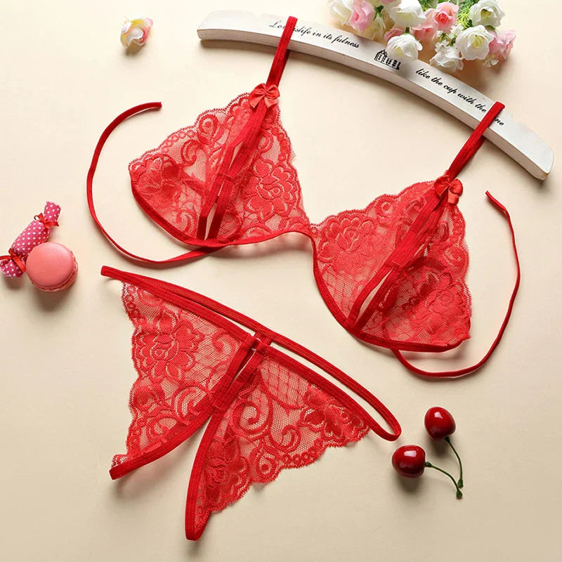 Sexy Women's Halter Corset Deep V Crotchless Bra Set Lace Bow Tie Temptation Lingerie Tulle See-through Erotic Super Short Skirt