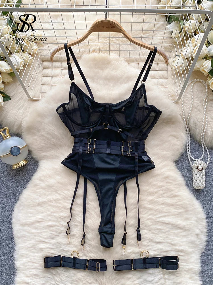 SINGREINY Women Underwear Erotic Playsuits Fashion Strap Backless Sheer Lingerie Nightwear Transpareant Hollow Out Sexy Bodysuit