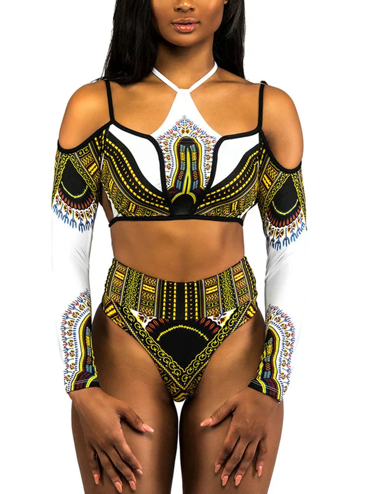 African Print High Waist Bikini Women Swimsuit Long Sleeve Swimwear Female Off Shoulder Two pieces Bikini set Bathing Suit Swim