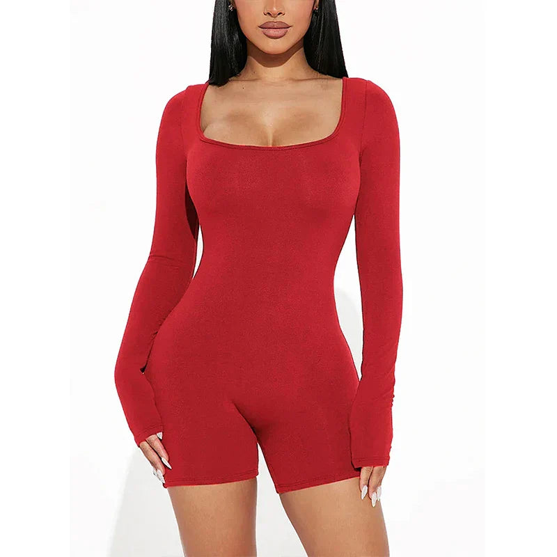 2025 Spring and Summer New Fashion Women's Long Sleeve Jumpsuit Shorts Long Sleeve Sexy Slim Jumpsuit U Neck Jumpsuit