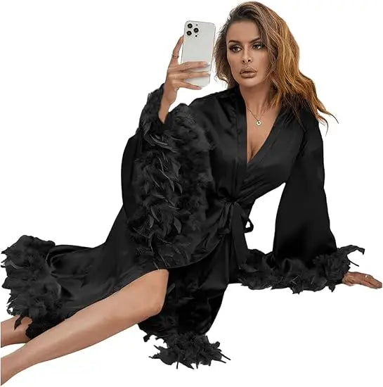 Women Satin Robe Sleepwear Solid Color Casual Feather Trim Long Sleeve Pajama Dress Ladies Loungewear Nightwear Bathrobe