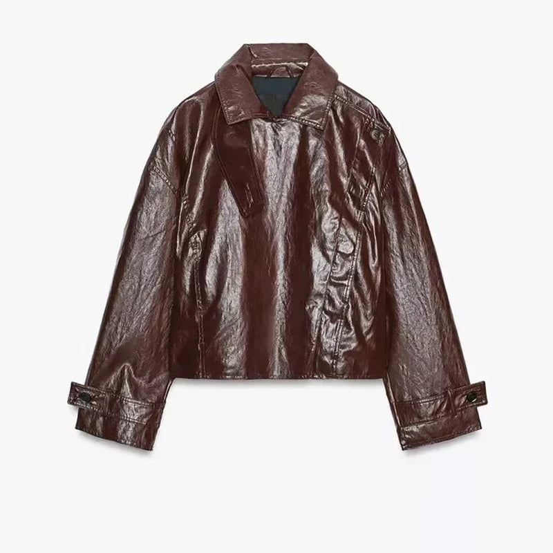 Street Stand Collar Women's Leather Jacket Loose Long Sleeve Zipper Pockets Chic Female Coats 2025 Autumn Winter Lady Outerwear