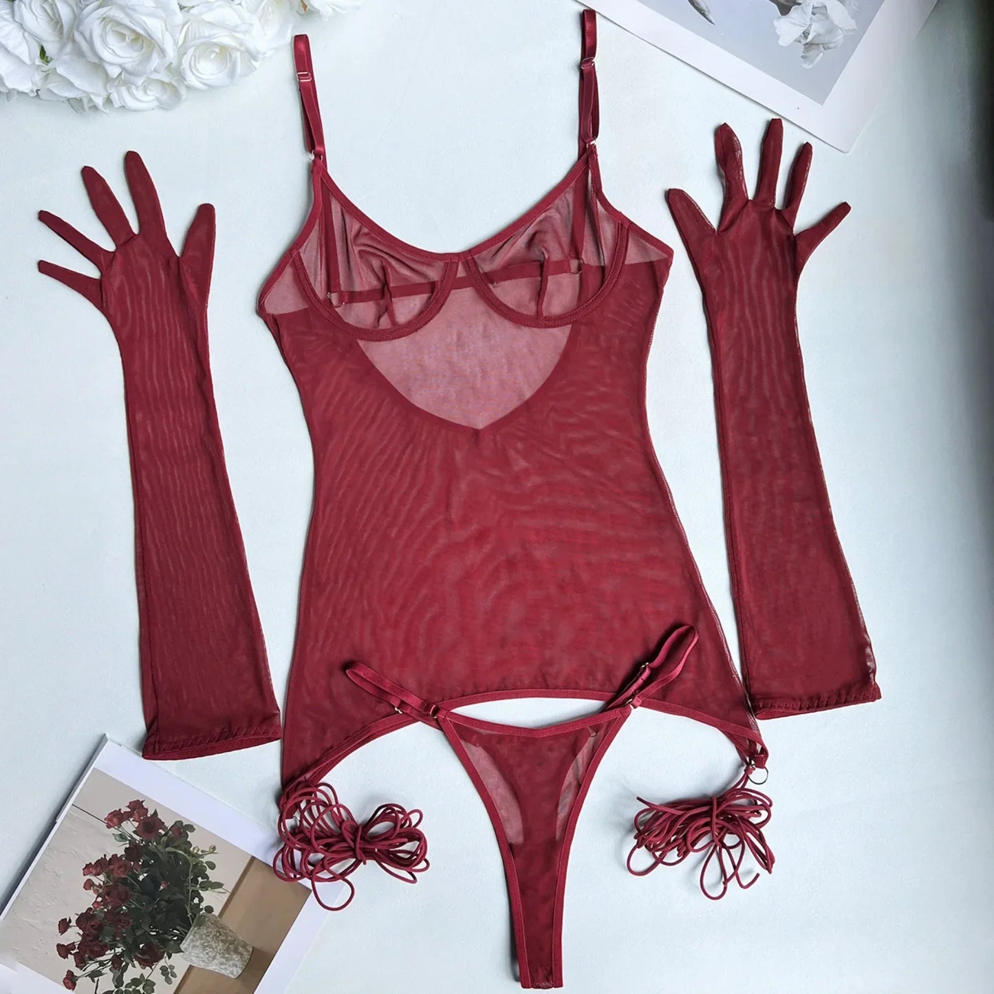 Yimunancy Sheer Mesh Lingerie Set Women 4-Piece Backless Sexy Dress Sexy Erotic Solid Brief Underwer Set Nightwear