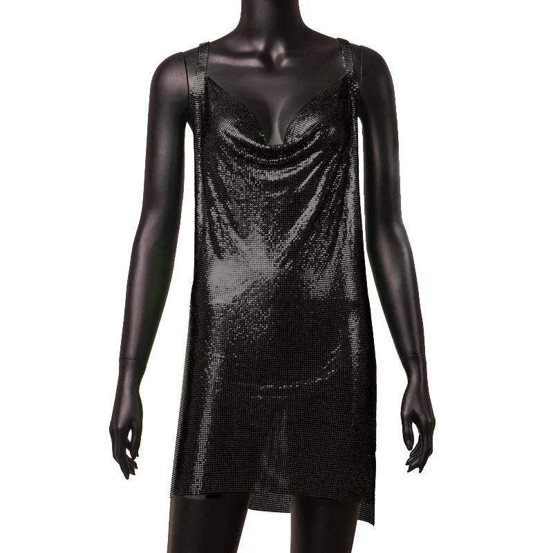Women's 90s Rave Glitter V-Neck Lace-Up Sequin Mini Dress Y2K Clubwear Sexy Backless Bodycon with Metal Detail for Party