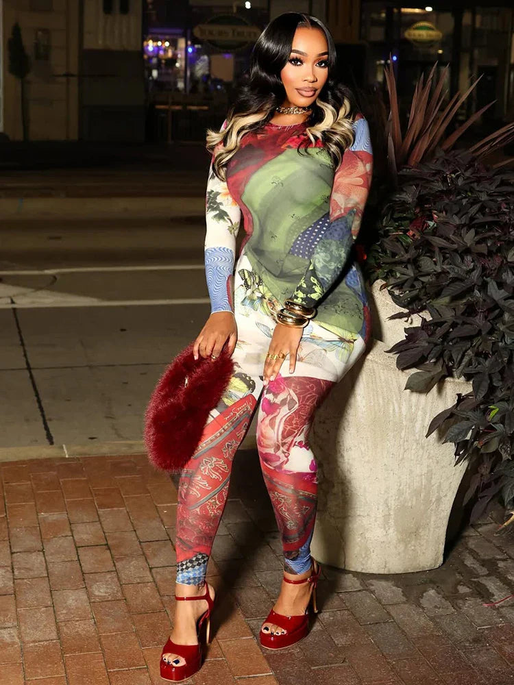 Sisterlinda Hip Jumpsuits Woman Hot Girls Colorful Print Autumn Trend o-Neck Full Sleeve Skinny Street Sexy Fashion Overalls
