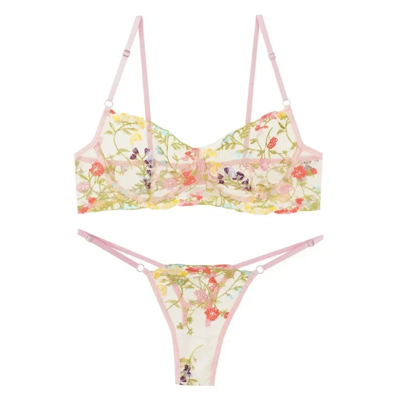 Floral Embroidery Lace Bras Set Women Sheer 2-Piece Sexy Bra + Panties Lingerie Fashion Underwear Set Intimates