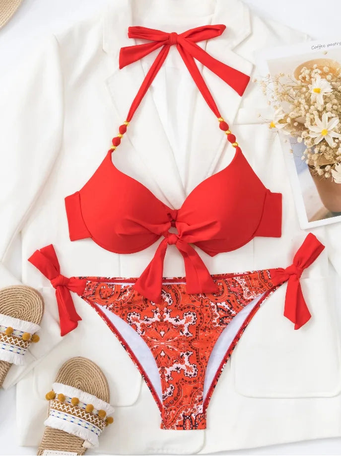 2024 New Print 2-piece Swimsuit for Women,hard Cup Suspender Push Up Bikini Set,summer Beach Vacation Backless Bathing Suit