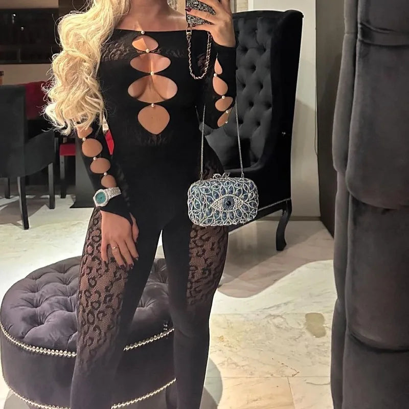 Viral Cheetah Bodysuit Pearl Embellished Mesh Lingerie Seductive Jacquard Catsuit for Women Flirtatious See Through Outfit