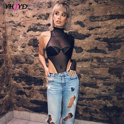 Sexy Black Single Sleeve Mesh See-Through Bodysuit Women Turtleneck Bodies High Leg Cut Out Hot Thong Women's Bodysuits