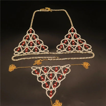 Wholesale Sexy Rhinestone Chain Body Lingerie Set Heart Body Jewelry for Women Fashion Bikini Underwear Bling Crystal Bra Thong
