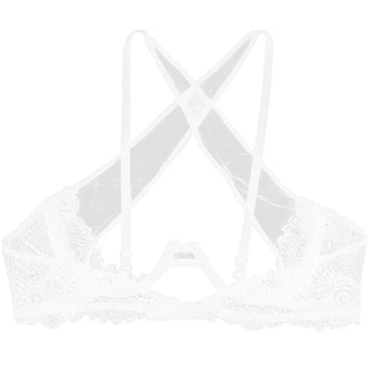 Womens See Through Sheer Mesh Lingerie Spaghetti Straps Crisscross Lace Trim Hollow Out Breast Uncderwired Cups Bra Top Braltte