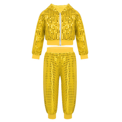 Girls Boys Hip Hop Jazz Performance Costume Street Dance Outfits Shiny Sequins Jacket Coat Hooded Tops Pants Unisex Kids Suits