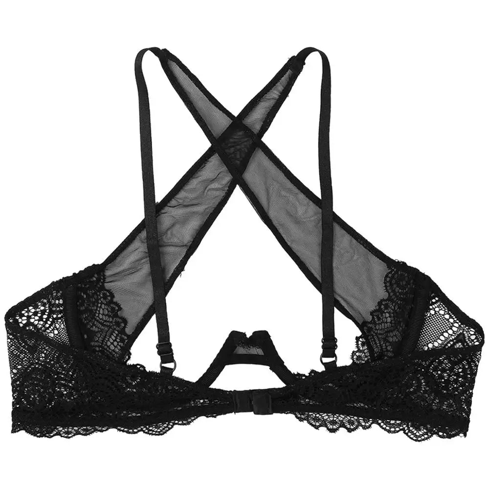 Womens See Through Sheer Mesh Lingerie Spaghetti Straps Crisscross Lace Trim Hollow Out Breast Uncderwired Cups Bra Top Braltte