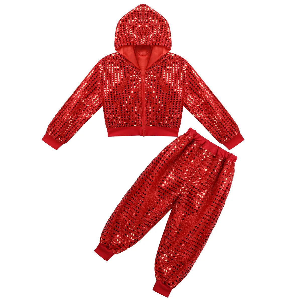 Girls Boys Hip Hop Jazz Performance Costume Street Dance Outfits Shiny Sequins Jacket Coat Hooded Tops Pants Unisex Kids Suits
