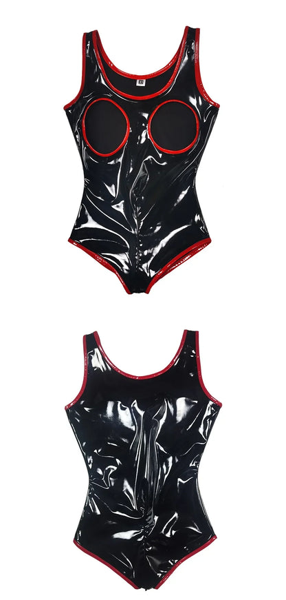 S-5XL Sleeveless Wet Look PVC Catsuit Shiny PU Leather Zipper Open Crotch Bodysuit Hollow Out Swimsuit Tights Sexy Body Teddies