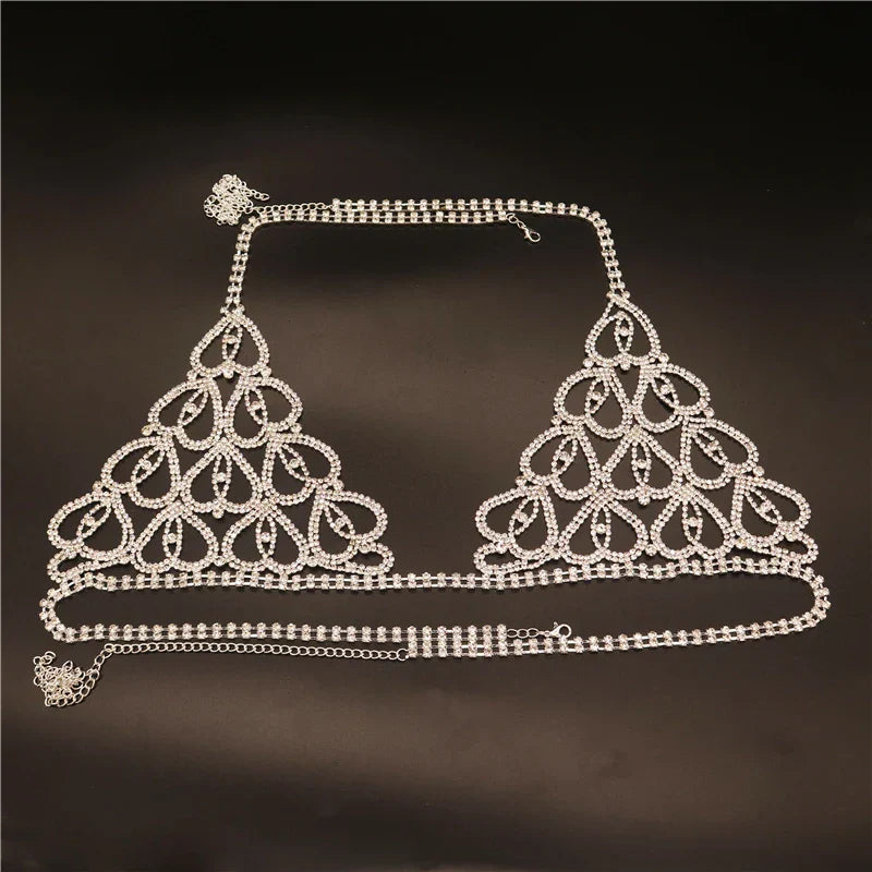 Wholesale Sexy Rhinestone Chain Body Lingerie Set Heart Body Jewelry for Women Fashion Bikini Underwear Bling Crystal Bra Thong