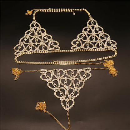 Wholesale Sexy Rhinestone Chain Body Lingerie Set Heart Body Jewelry for Women Fashion Bikini Underwear Bling Crystal Bra Thong