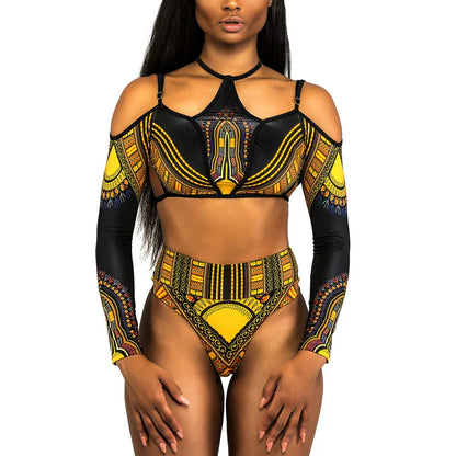 African Print High Waist Bikini Women Swimsuit Long Sleeve Swimwear Female Off Shoulder Two pieces Bikini set Bathing Suit Swim