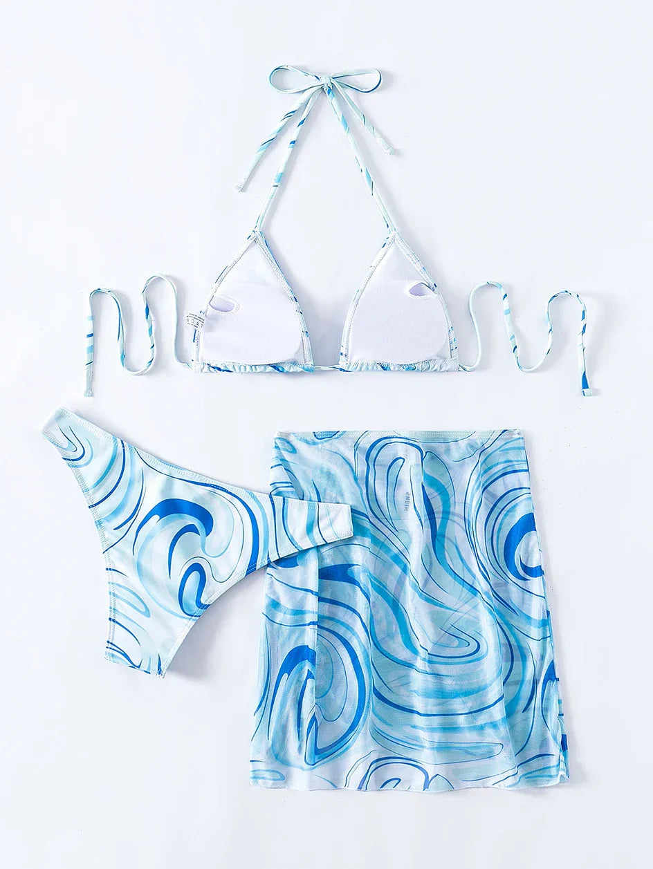 Sexy Bikini 2023 Woman Swimwear Female 3 Pack Allover Print Halter Swimsuit Women`s Cover Up Bikinis Set 3 Pieces Bathing Suit