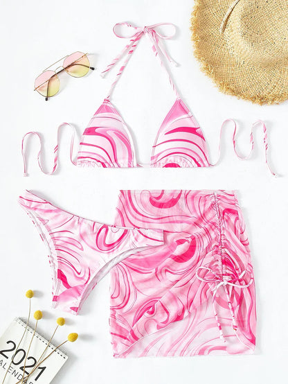 Sexy Bikini 2023 Woman Swimwear Female 3 Pack Allover Print Halter Swimsuit Women`s Cover Up Bikinis Set 3 Pieces Bathing Suit