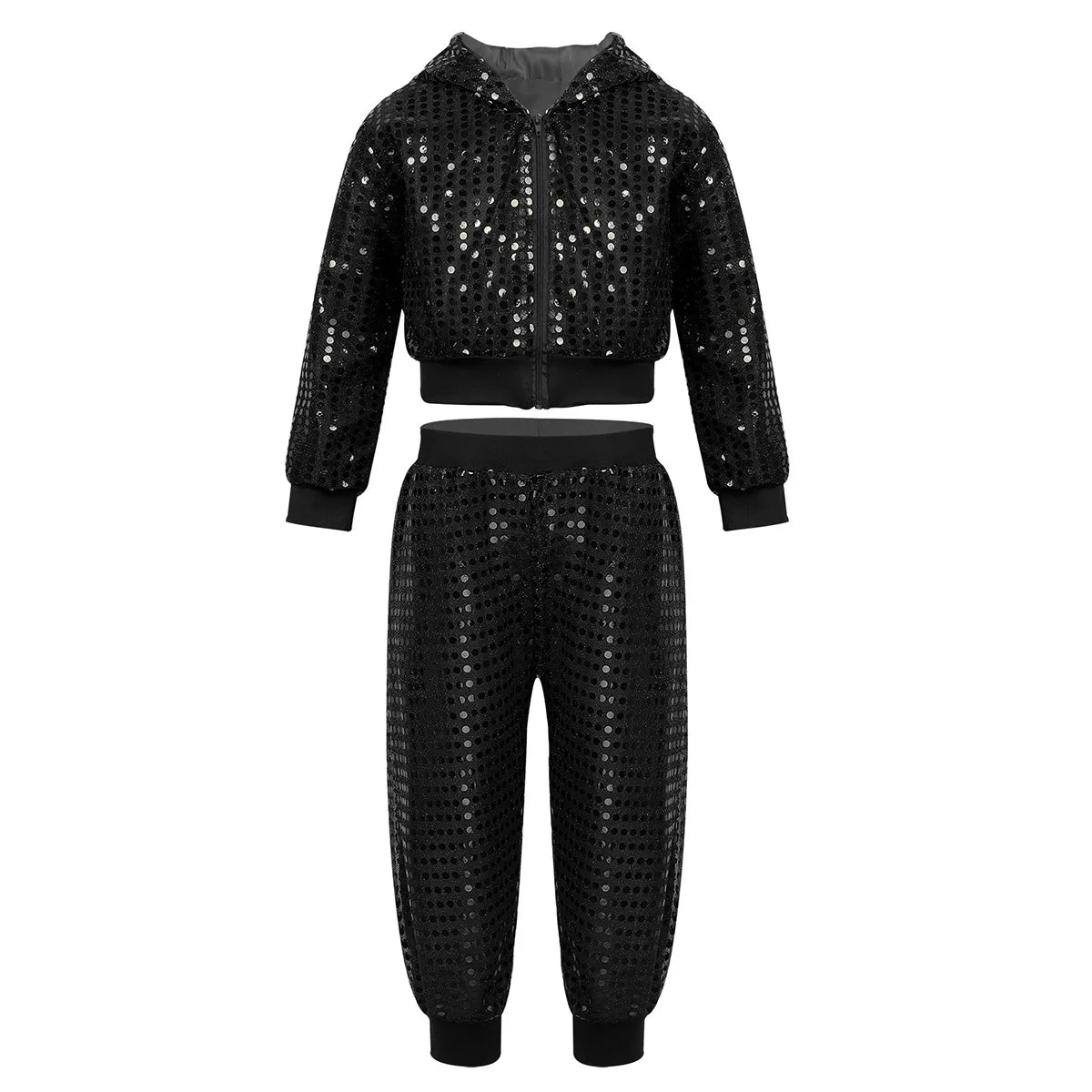 Girls Boys Hip Hop Jazz Performance Costume Street Dance Outfits Shiny Sequins Jacket Coat Hooded Tops Pants Unisex Kids Suits