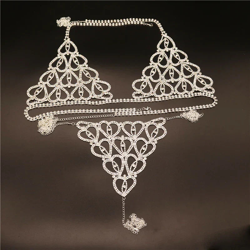 Wholesale Sexy Rhinestone Chain Body Lingerie Set Heart Body Jewelry for Women Fashion Bikini Underwear Bling Crystal Bra Thong