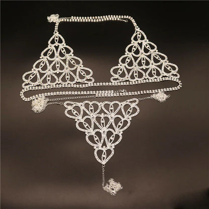 Wholesale Sexy Rhinestone Chain Body Lingerie Set Heart Body Jewelry for Women Fashion Bikini Underwear Bling Crystal Bra Thong