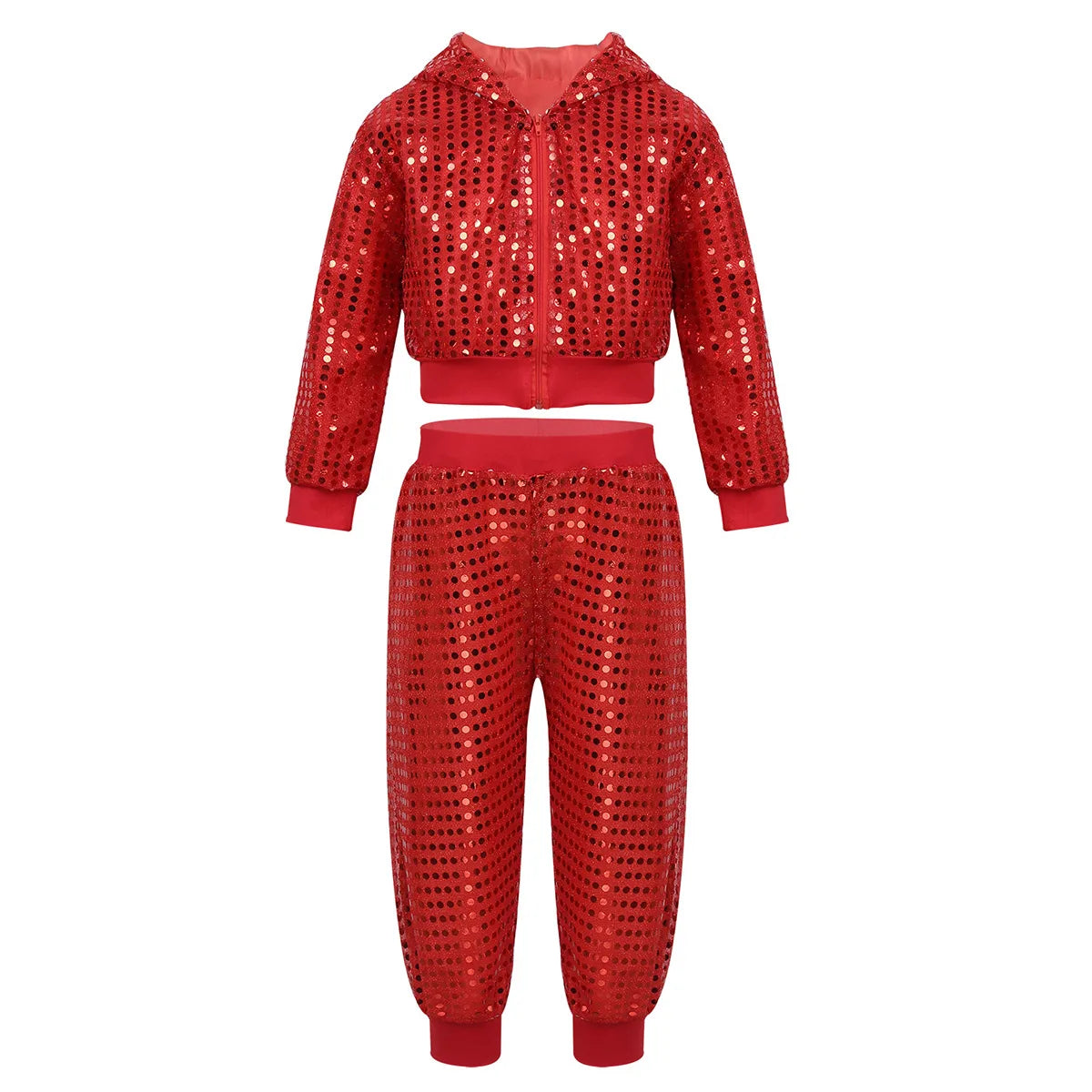 Girls Boys Hip Hop Jazz Performance Costume Street Dance Outfits Shiny Sequins Jacket Coat Hooded Tops Pants Unisex Kids Suits