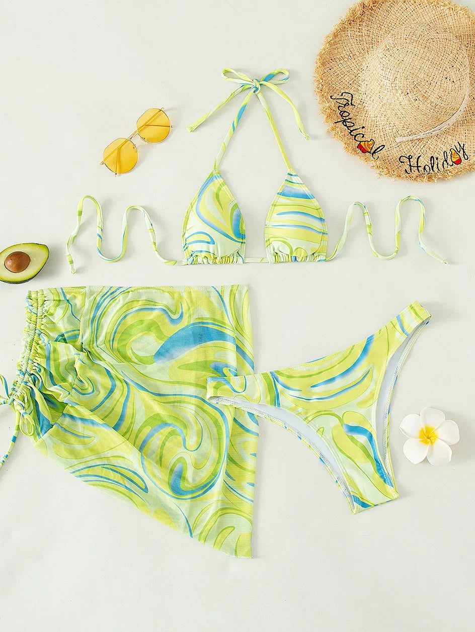 Sexy Bikini 2023 Woman Swimwear Female 3 Pack Allover Print Halter Swimsuit Women`s Cover Up Bikinis Set 3 Pieces Bathing Suit