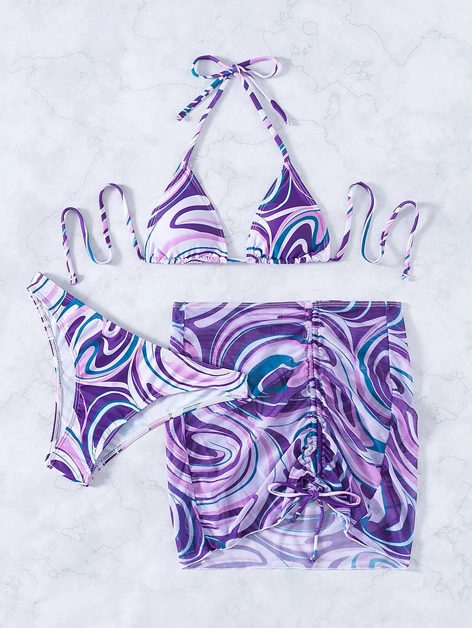 Sexy Bikini 2023 Woman Swimwear Female 3 Pack Allover Print Halter Swimsuit Women`s Cover Up Bikinis Set 3 Pieces Bathing Suit