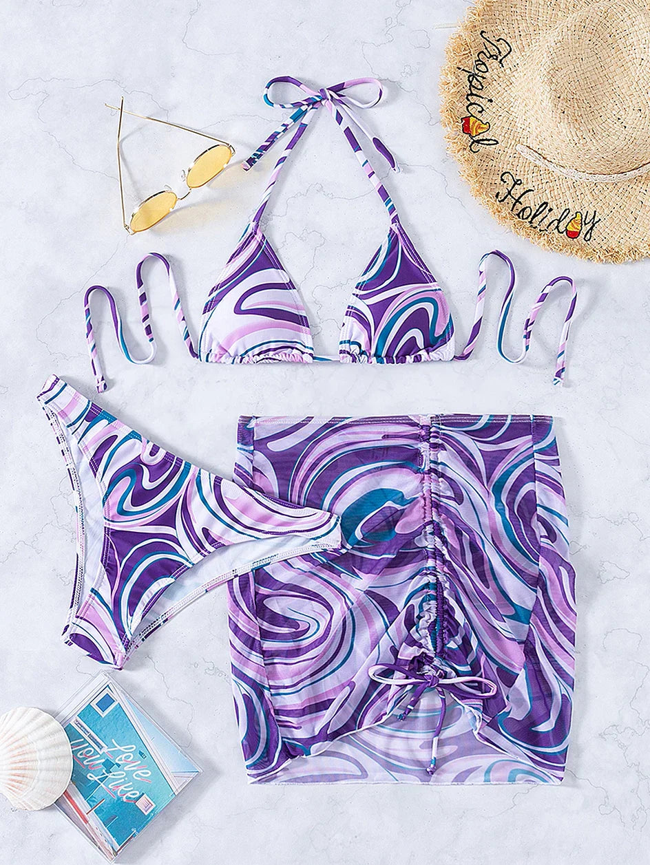 Sexy Bikini 2023 Woman Swimwear Female 3 Pack Allover Print Halter Swimsuit Women`s Cover Up Bikinis Set 3 Pieces Bathing Suit