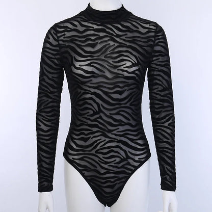 Black Mesh Transparent Sexy Bodysuit Long Sleeve Slim Skinny Stripe Mock Neck Casual Rompers Women Lady Party Club Body