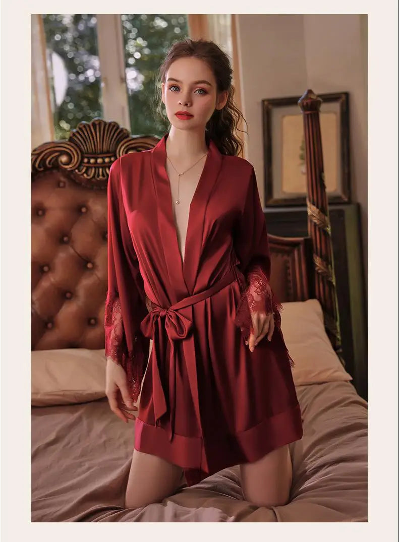 Sexy Robe With Lace Satin Women Nightgown Kimono Bathrobe Gown Pink Nightdress Bride Bridesmaid Wedding Gown Home Clothes