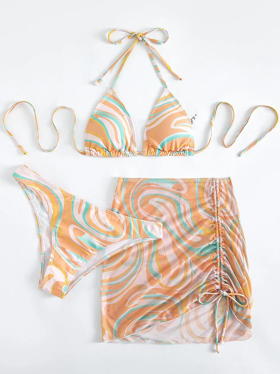 Sexy Bikini 2023 Woman Swimwear Female 3 Pack Allover Print Halter Swimsuit Women`s Cover Up Bikinis Set 3 Pieces Bathing Suit