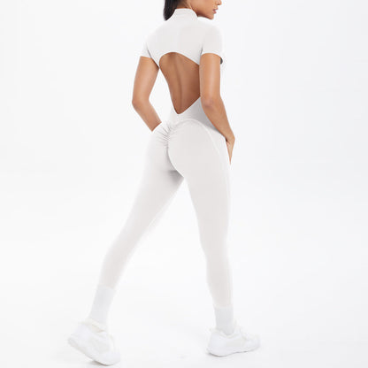 Sexy Backless Bodycon Scrunch Jumpsuit Raises Butt Women Dance Fitness Overalls Push Up  With Chest Cushion Yoga Sport Jump Suit