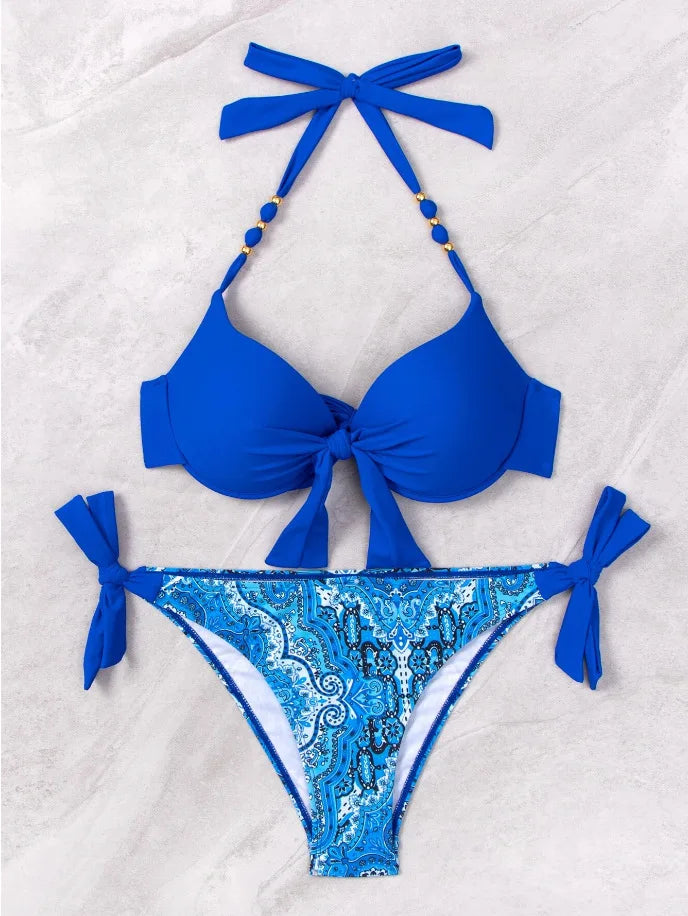 2024 New Print 2-piece Swimsuit for Women,hard Cup Suspender Push Up Bikini Set,summer Beach Vacation Backless Bathing Suit