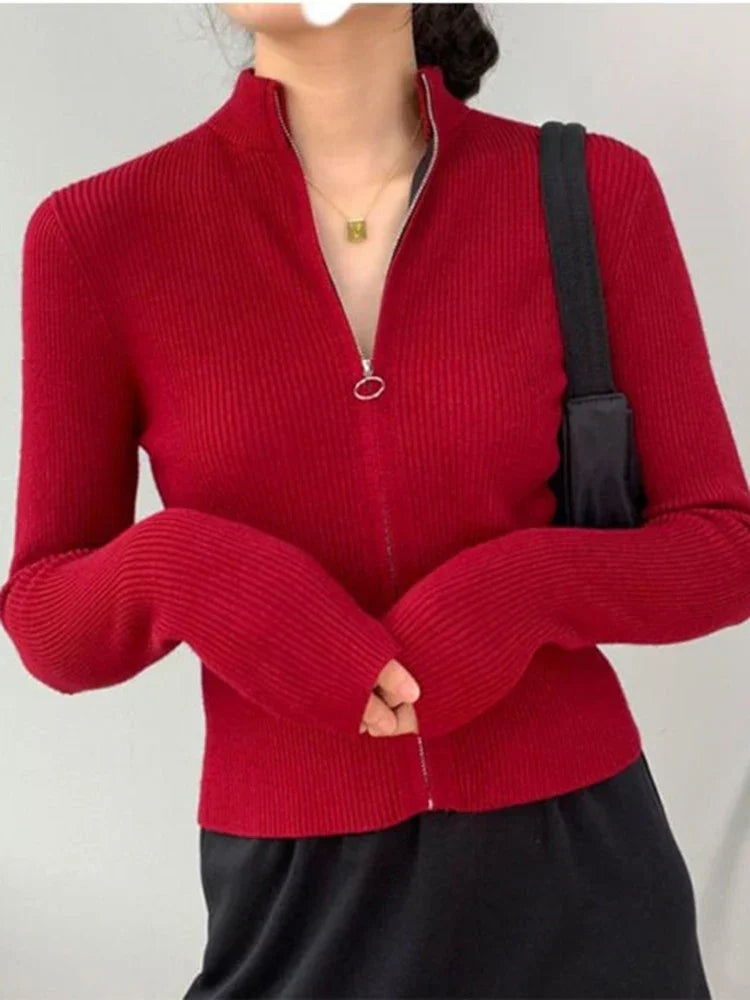 Spring Autumn Zipper Cardigan Women Sweaters Knitted Long Sleeve Stand-up Collar Tops Korean Fashion Short Sweater for Female