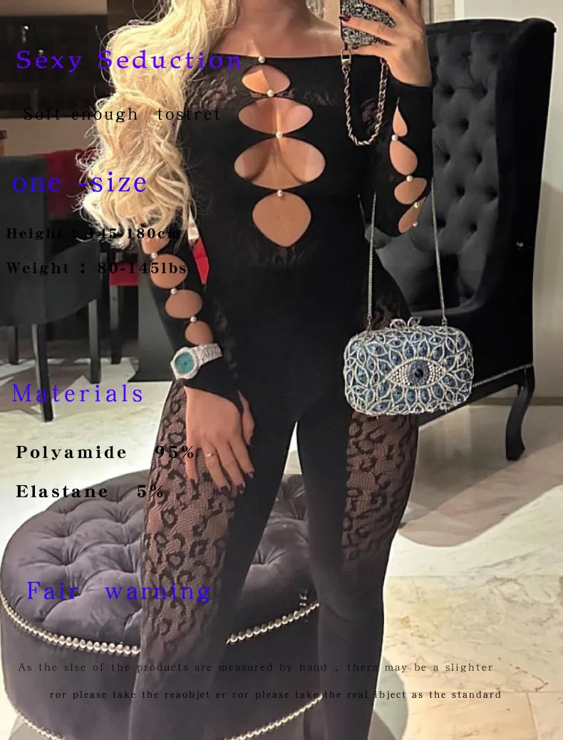 Viral Cheetah Bodysuit Pearl Embellished Mesh Lingerie Seductive Jacquard Catsuit for Women Flirtatious See Through Outfit