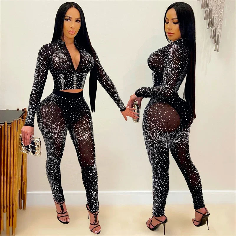 Doyerl Glitter Rhinestones Sexy Club Outfits Woman 2 Piece Set Mesh See Through Long Sleeve Cropped Top and Pants Suit Birthday