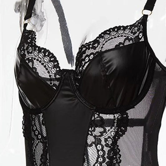 Leather Mesh Patchwork Bodysuit Women Jumpsuit Sexy V Neck Teddy Babydoll Suspender Bodysuit Sexy Underwear Lingerie Catsuits