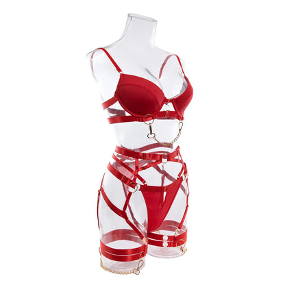 Fancy Metal Chain Sexy Lingerie 5Pcs Sets Luxury Hollow Out Bras And Panties Garters Underweat Suit Sensual Erotic Intimate Set
