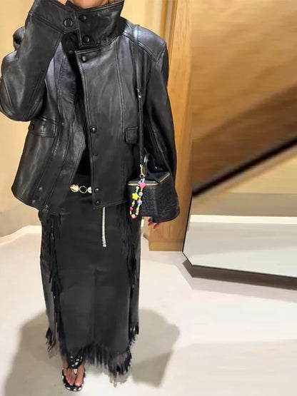 Stand Collar Women's Jacket Full Sleeve Double Button Solid Female Leather Jackets 2025 Autumn Fashion High Street Lady Outwears