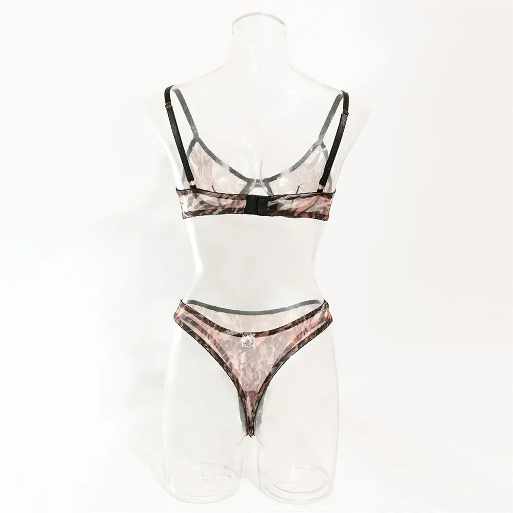 Krasapt Sexy Leopard Printing Lingerie 2Pcs Sets Ultrathin Mesh Transparent Bras And Panties Comfortable Intimate Undwear Set