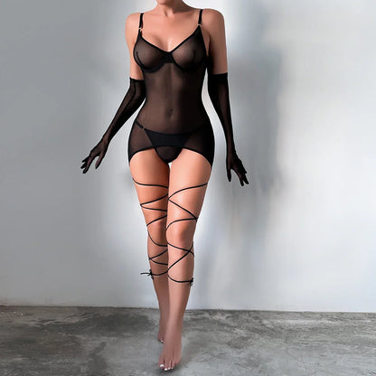 Yimunancy Sheer Mesh Lingerie Set Women 4-Piece Backless Sexy Dress Sexy Erotic Solid Brief Underwer Set Nightwear