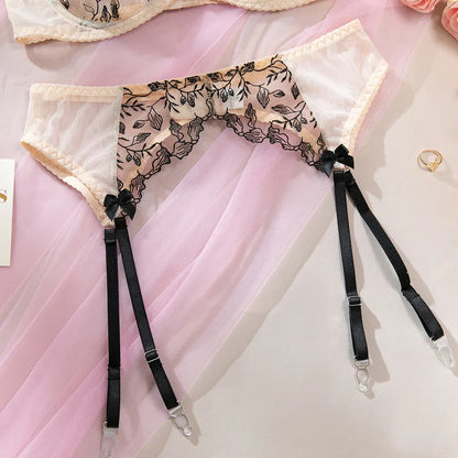 SINGREINY Floral Embroidery Underwear 3pcs Suits 2025 Female Strap Sheer Bra+Sheer Thongs Spliced Mesh Sexy Club Lingerie Sets