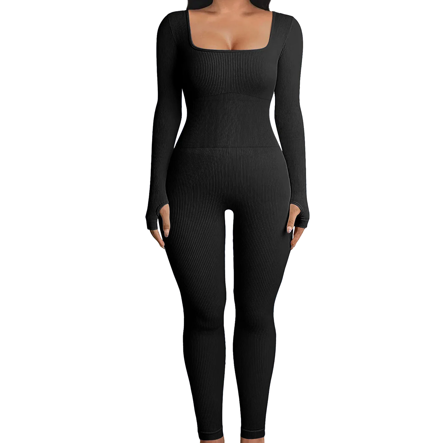Solid Color Ribbed Yoga Jumpsuit, Seamless Slim Fit Long Sleeve Sports Bodysuit, Women's Activewear