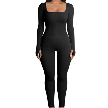 Solid Color Ribbed Yoga Jumpsuit, Seamless Slim Fit Long Sleeve Sports Bodysuit, Women's Activewear