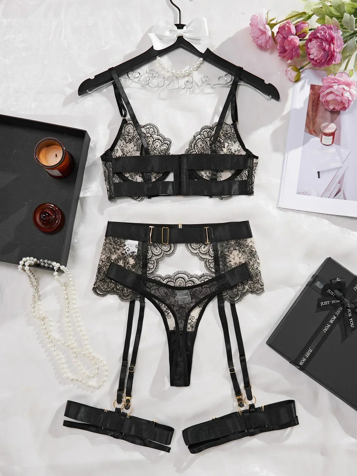 Women Sexy Lingerie Lace Bra and Brief with Garter and Leg Ring Set Underwear Romantic Hot Bilizna See Through Outfits